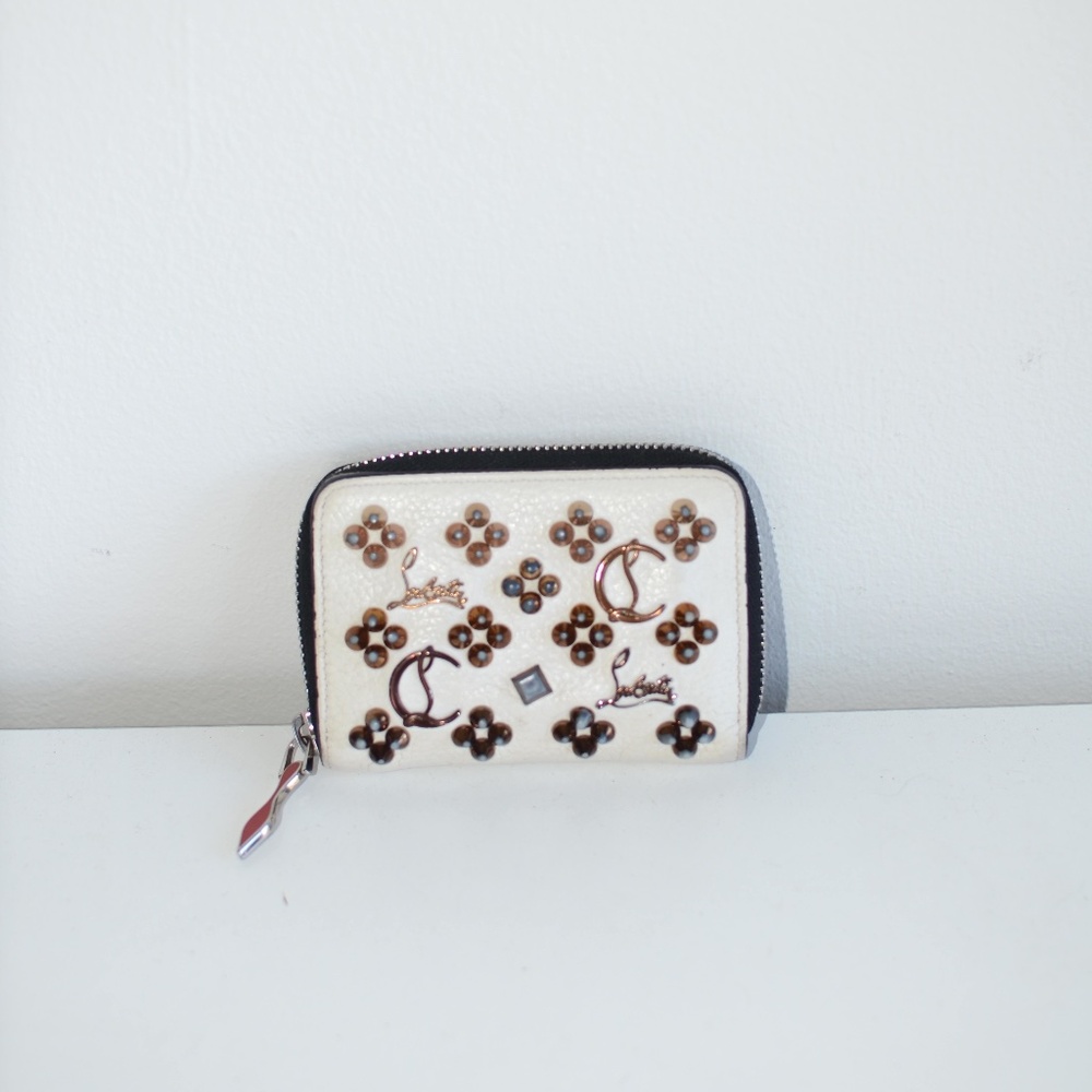 LOUBOUTIN PANETTONE ZIPPER COIN CASE BLACK STUDS LEATHER